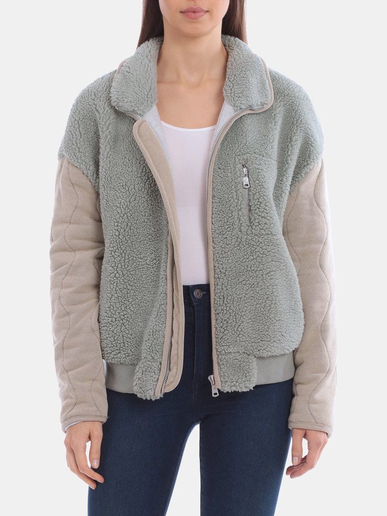 Mixed Media Teddy Zip-Front Jacket