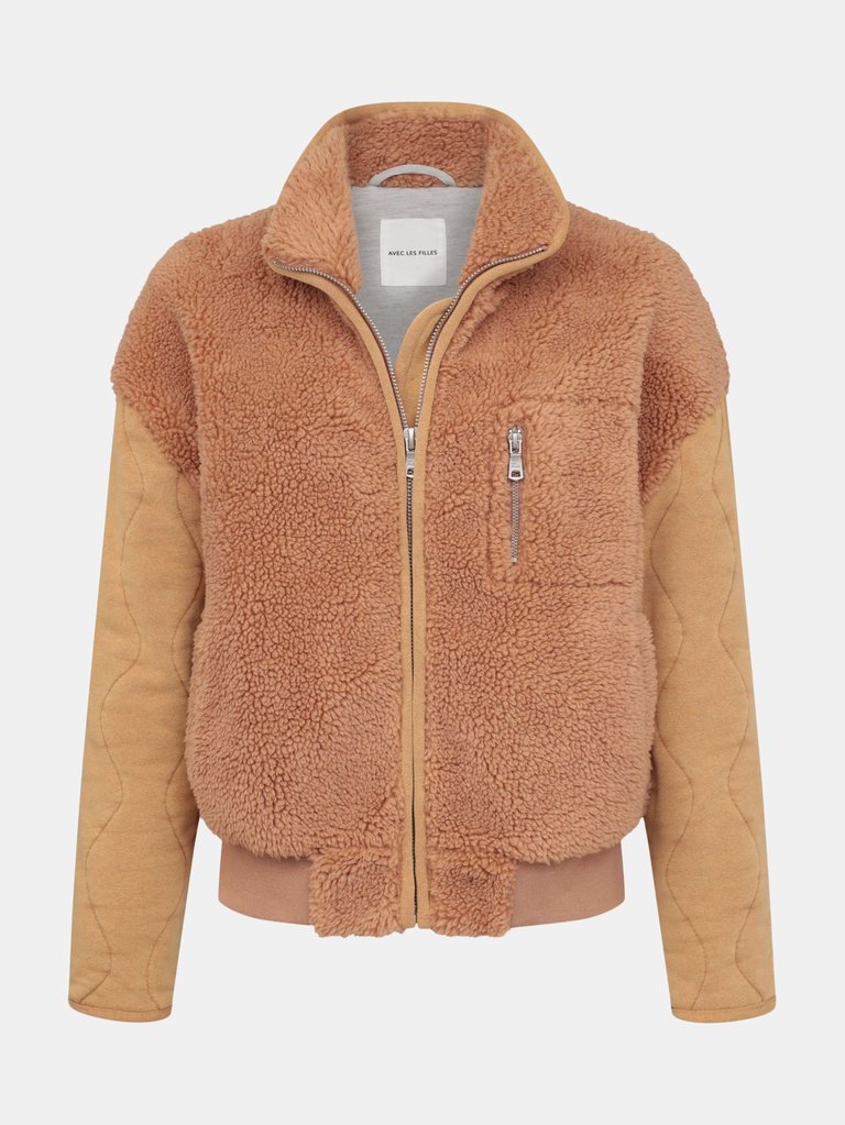 Mixed Media Teddy Zip-Front Jacket - Terracotta