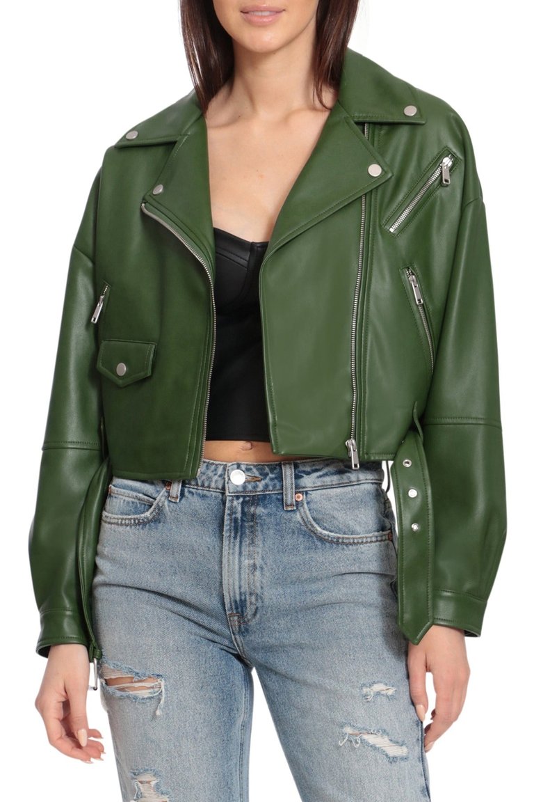 Oversized Faux Leather Cropped Biker Jacket - Ivy