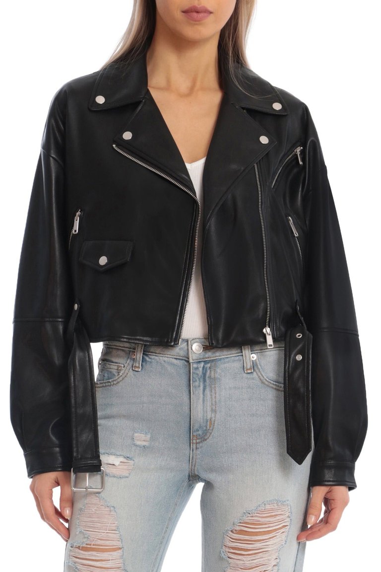 Oversized Faux Leather Cropped Biker Jacket - Black