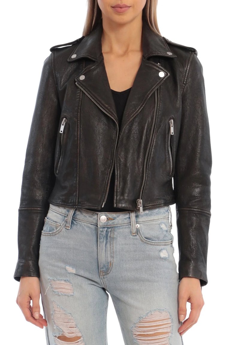 Vintage Wash Genuine Leather Biker Jacket - Washed Black