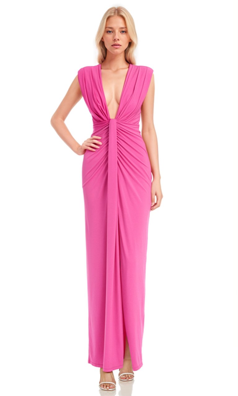 Draped Shirred Dress With Deep V-Neck - Pink