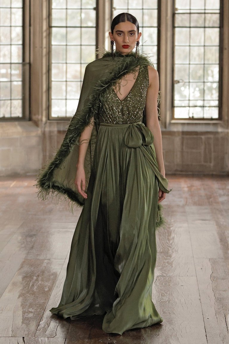 Gown With Feather Wrap - Moss
