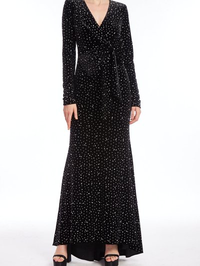 Badgley Mischka Long-Sleeved Pearled Velvet Column Gown With Bow product