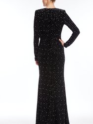 Long-Sleeved Pearled Velvet Column Gown With Bow