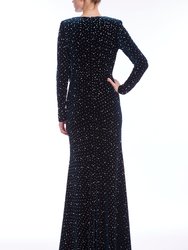 Long-Sleeved Pearled Velvet Column Gown With Bow