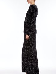 Long-Sleeved Pearled Velvet Column Gown With Bow