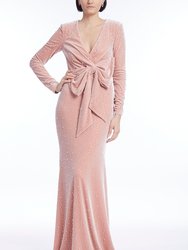 Long-Sleeved Pearled Velvet Column Gown With Bow - Blush