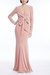 Long-Sleeved Pearled Velvet Column Gown With Bow - Blush