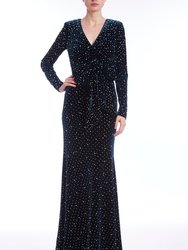 Long-Sleeved Pearled Velvet Column Gown With Bow - Teal