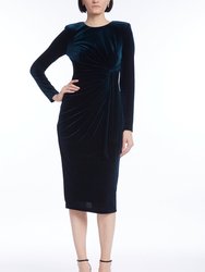 Long-Sleeved Velvet Sheath With Ruched Front - Teal