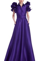 Mikado Ruffle-Sleeve Gown With Belted Full Skirt - Purple