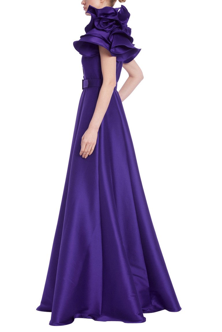 Mikado Ruffle-Sleeve Gown With Belted Full Skirt