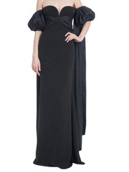 Off-The-Shoulder Gown With Puff Sleeve Train - Black