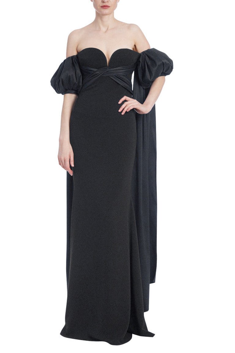 Off-The-Shoulder Gown With Puff Sleeve Train - Black