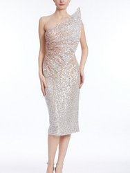 Ombre Sequined Dress With Asymmetrical Pleat Fan - Gold Multi