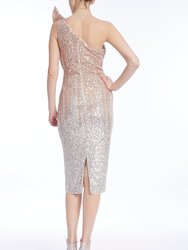 Ombre Sequined Dress With Asymmetrical Pleat Fan
