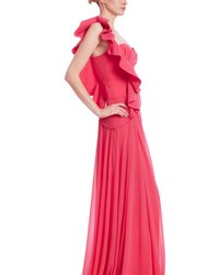 One-Shoulder Pleated Leaf Evening Gown