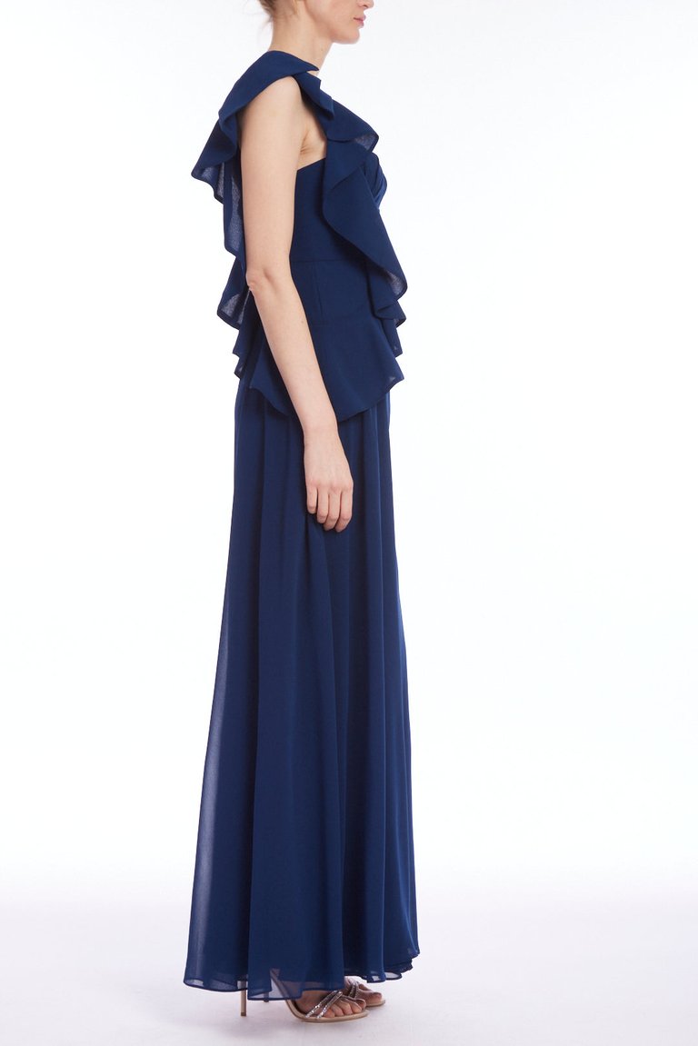 One-Shoulder Pleated Leaf Evening Gown