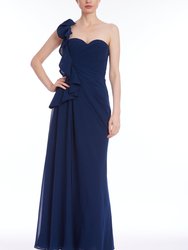 One-Shoulder Pleated Leaf Evening Gown - Navy