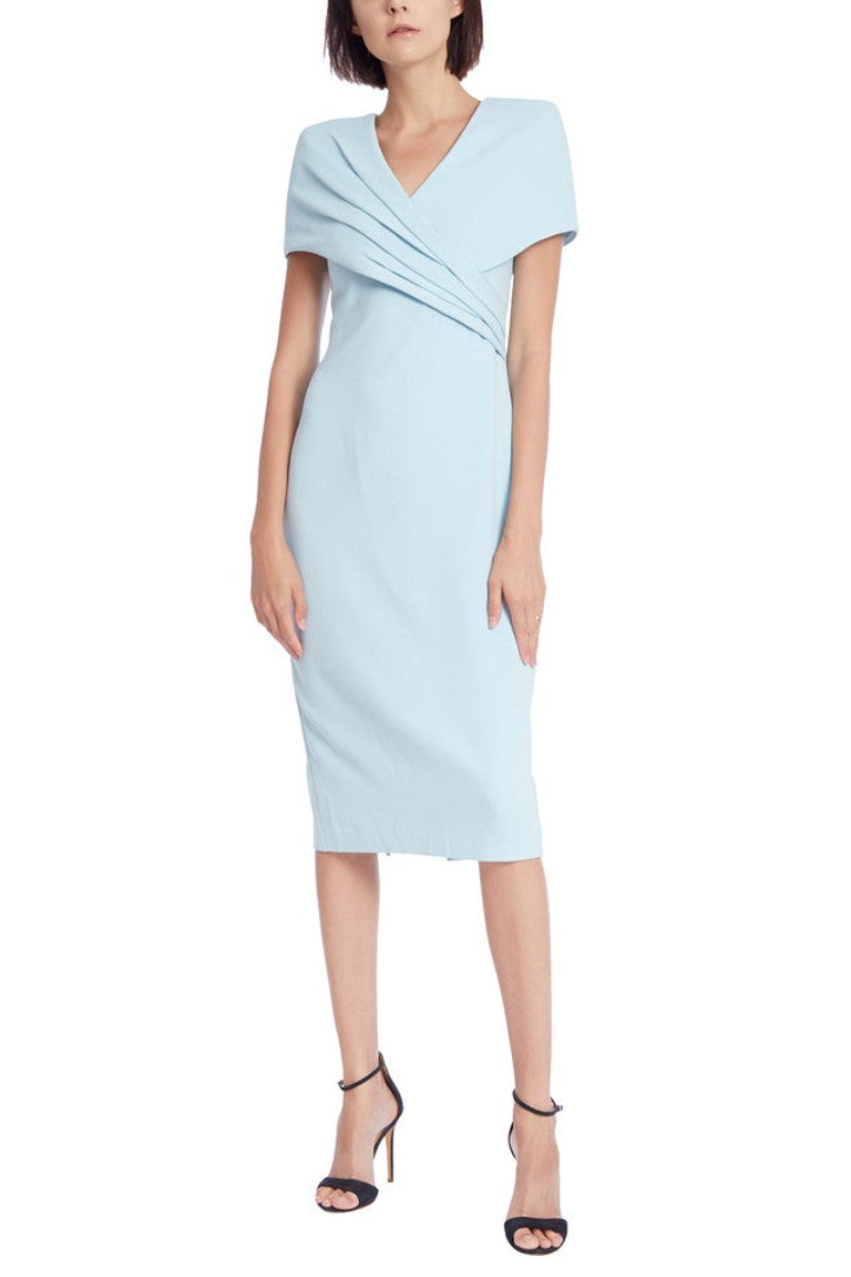 Pleated Faux Shoulder Wrap Day Dress - Azure