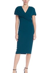 Pleated Faux Shoulder Wrap Day Dress - Teal