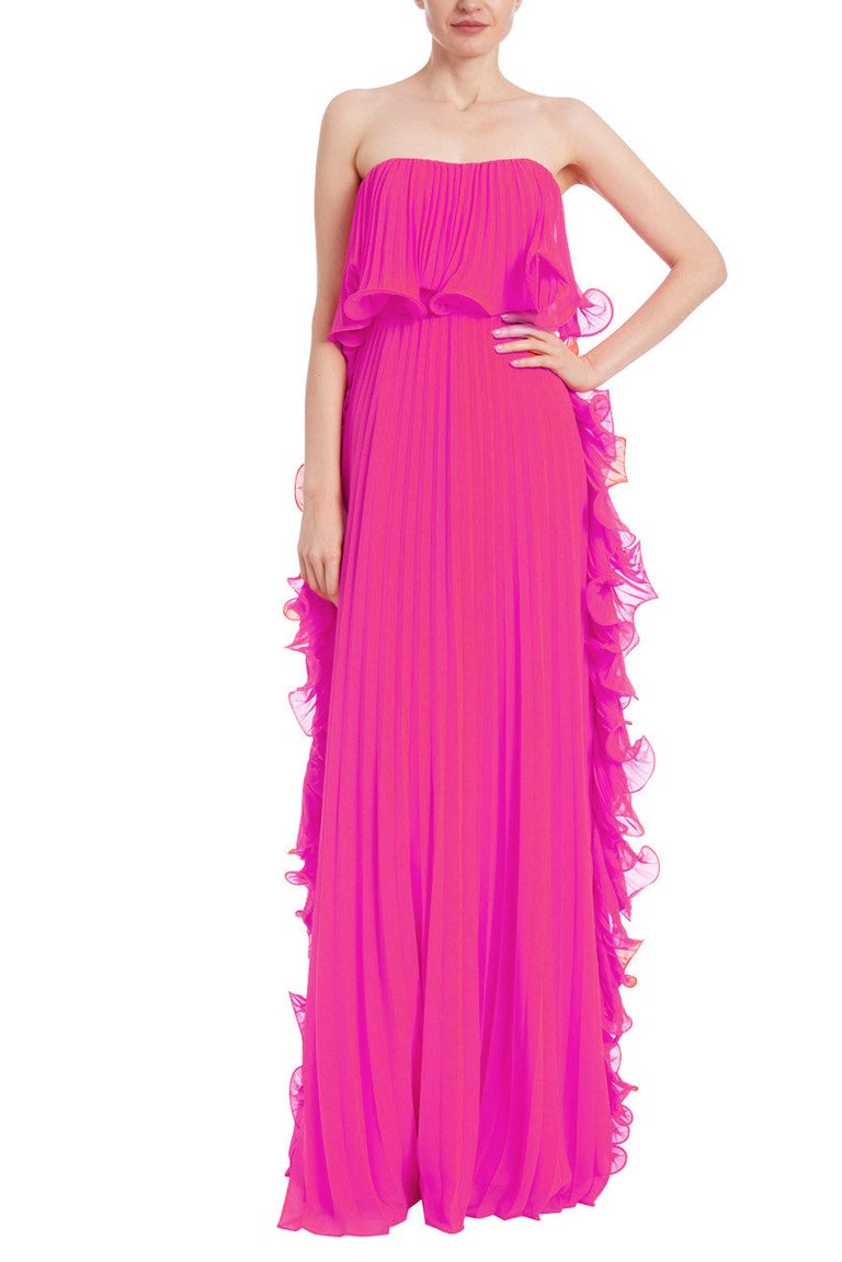 Pleated Strapless Dress With Side Ruffles - Orchid