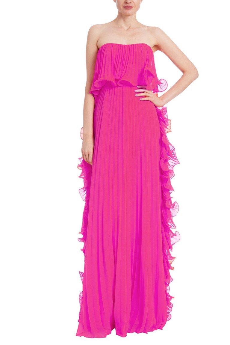 Badgley Mischka Orchid Pleated Strapless Dress With Side Ruffles