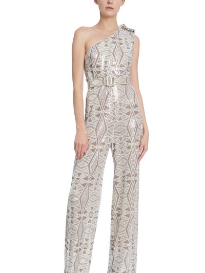 Badgley Mischka Printed Sequin Asymmetrical Jumpsuit In Beige Multi product