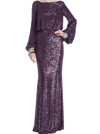Badgley Mischka Sequined Boat Neck Column Gown With Balloon Sleeves product