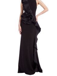 Sleeveless Column Gown With Mikado Ruffle Wrap-Around - Black