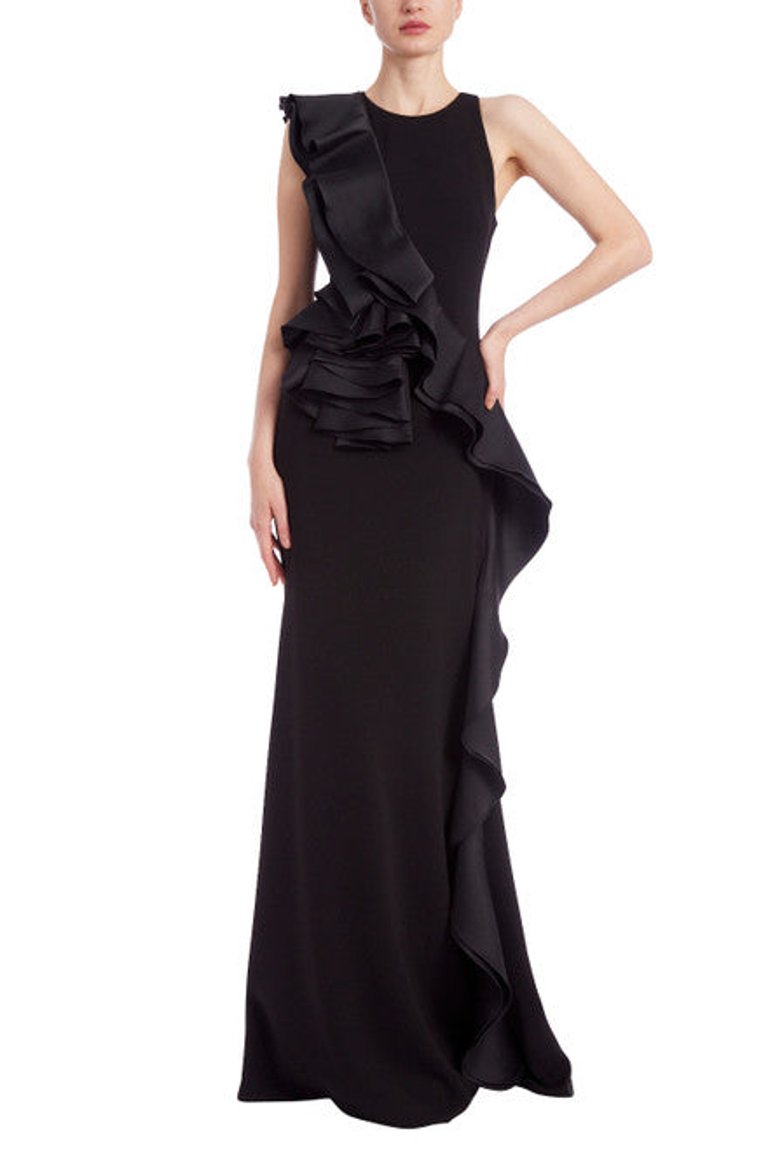 Sleeveless Column Gown With Mikado Ruffle Wrap-Around - Black