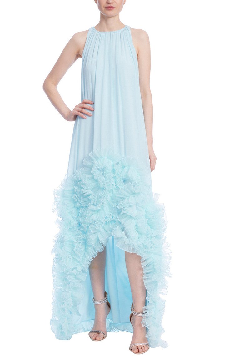 Sleeveless High-Low Dress With Tulle Ruffle Hem - Ice Blue