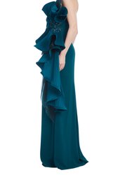 Strapless Side Pleated Ruffle Fan Gown