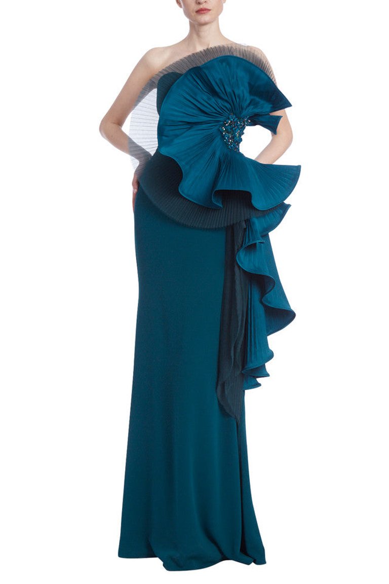 Strapless Side Pleated Ruffle Fan Gown - Teal