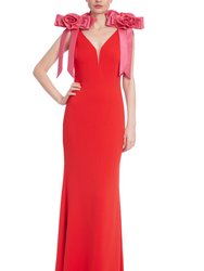 Two-Tone Rosette Shoulder Column Gown - Red Fuchsia