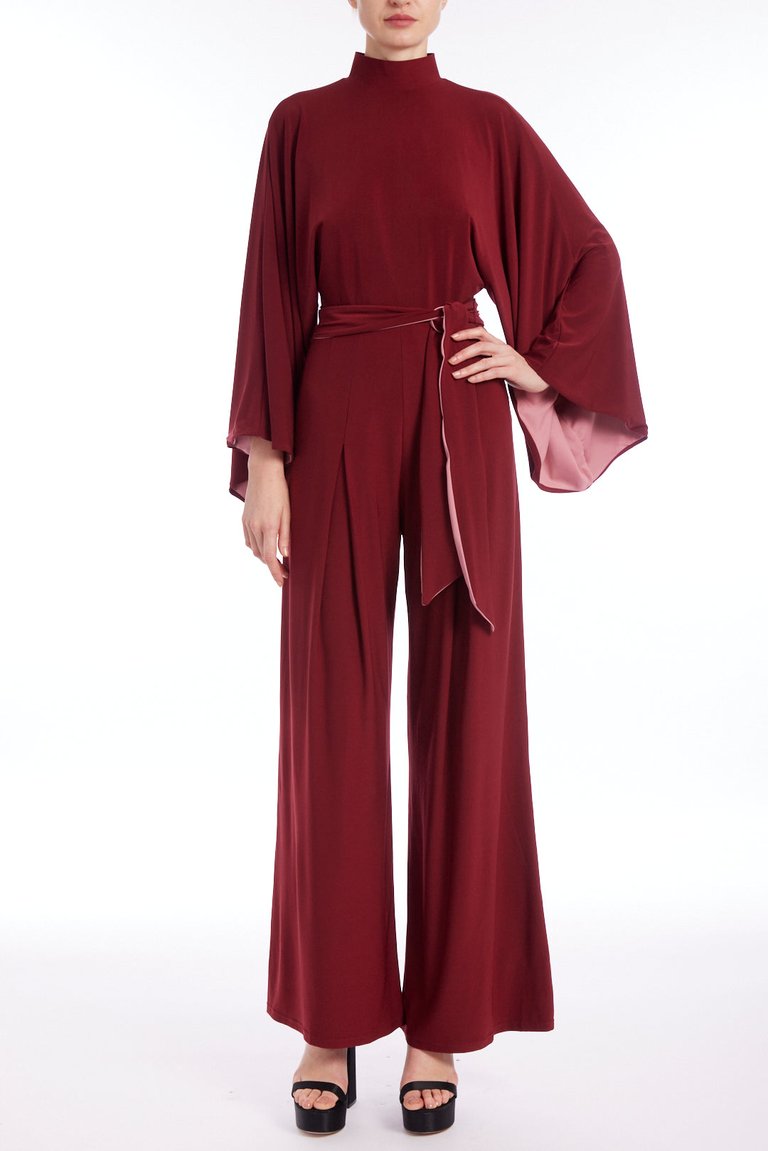 Wide Leg Jumpsuit With Two-Tone Bell Sleeves - Burgundy