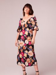 Astrid Black Floral Puff Sleeve Midi Dress