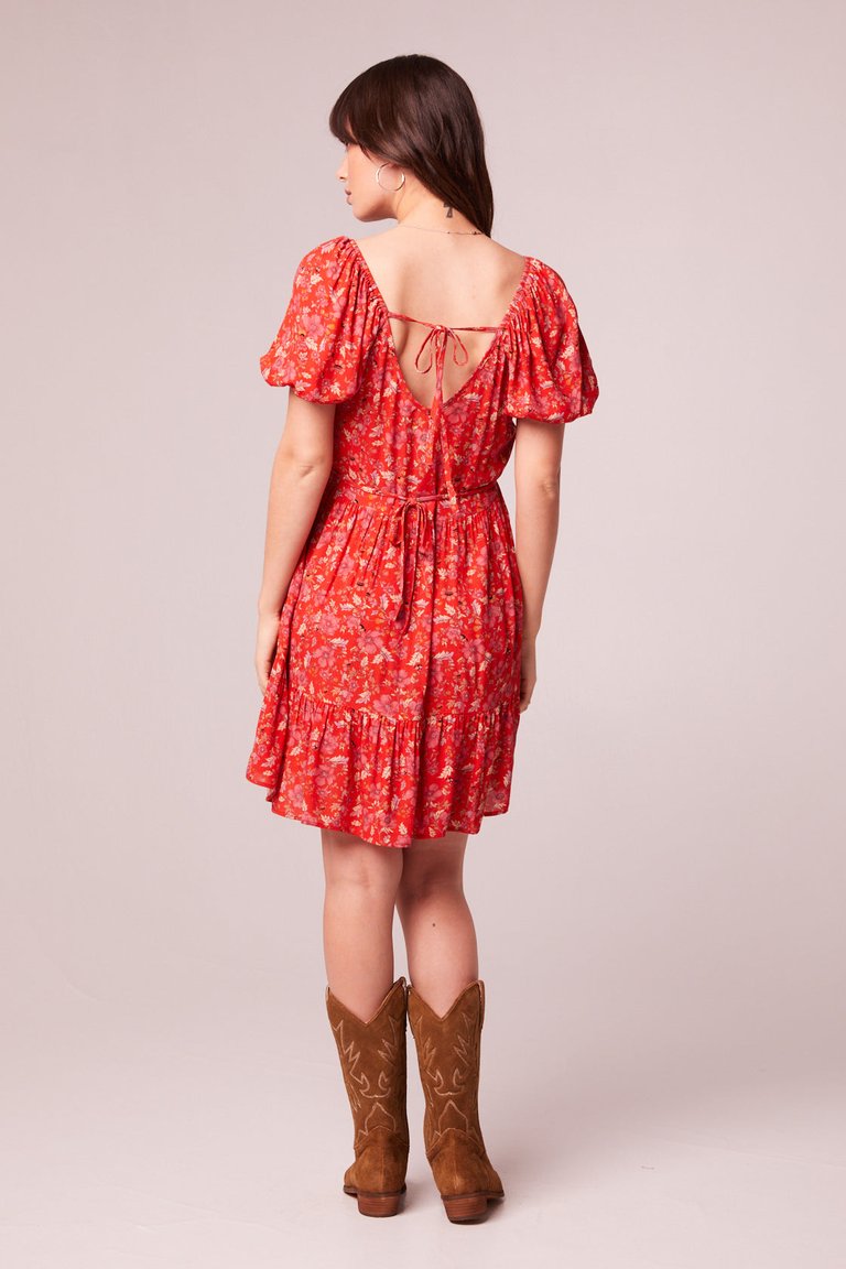 Desiree Crimson Floral Puff Sleeve Mini Dress