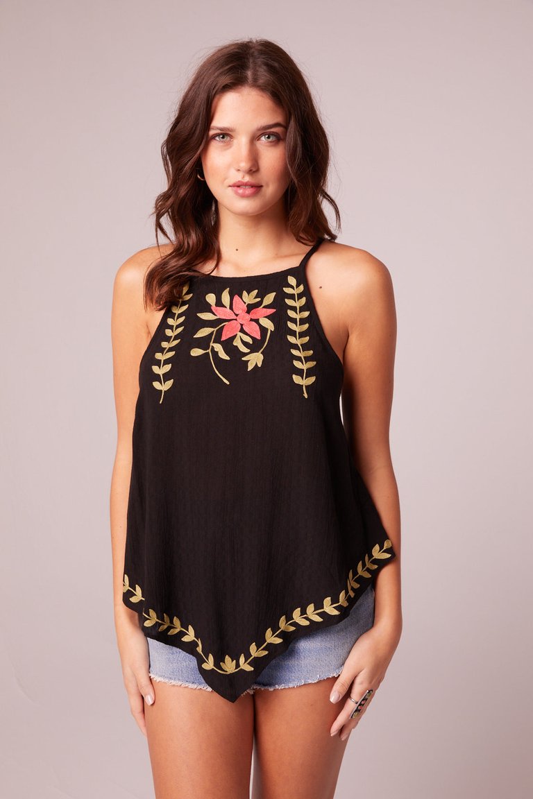 Instant Karma Black Embroidered Handkerchief Top - Black/Multi Embroidery