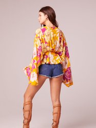 Mad Love Gold Floral Batwing Top - Gold/Fuchsia