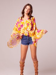 Mad Love Gold Floral Batwing Top - Gold/Fuchsia