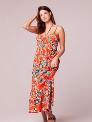 Amelia Tangerine Floral Tie Neck Maxi Dress - Tangerine/Ivory