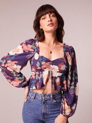 Floriane Purple Floral Ruched Front Top - Purple/Ivory