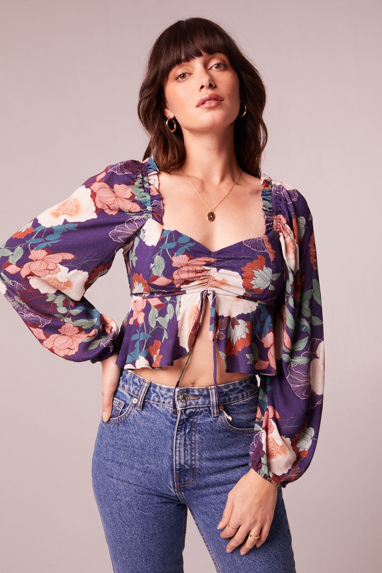 Floriane Purple Floral Ruched Front Top - Purple/Ivory