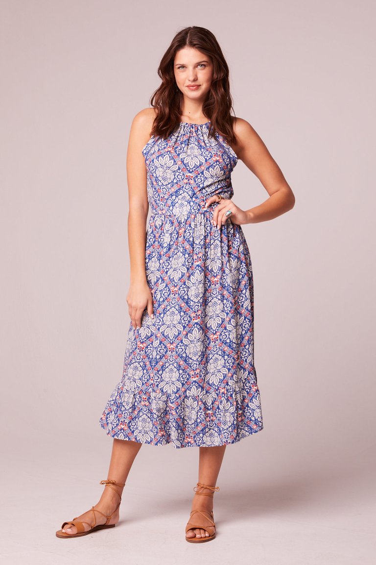 Lia Blue Paisley Pattern Midi Dress - Blue/Egret