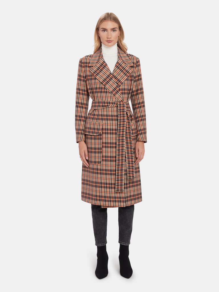 Deidra Oversized Check Trench Coat  - Camel Mandarin Check