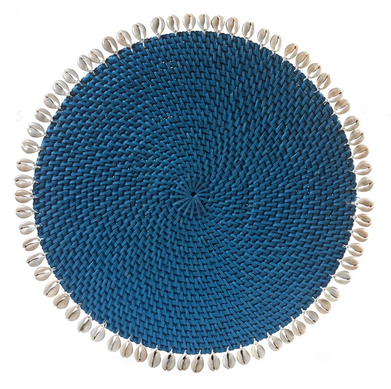 Cobalt Rattan Placemat With Cowrie Shell - Set of 4 - Cobalt