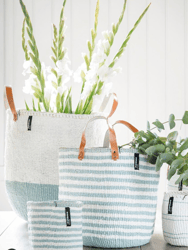 Mifuko - Medium Basket with White and Pale Blue Stripes