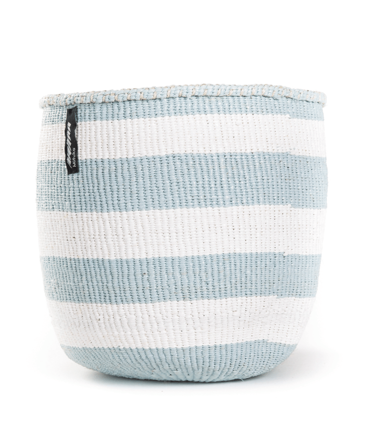 Mifuko - Medium Basket with White and Pale Blue Stripes - White / Pale Blue